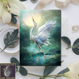 Enchanted Heron Card Fantasy Art White Bird Egret Beautiful Blank Notecard