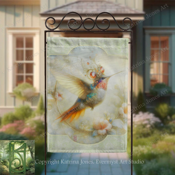 a colorful hummingbird with a long beak and vibrant feathers, set against a backdrop of flowers and greenery.