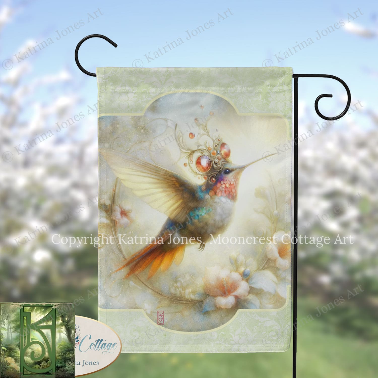 A colorful hummingbird with a decorative headdress is depicted on a flag, set against a blurred background of flowers.