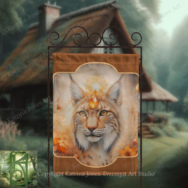 a banner with a close-up of a cat's face, adorned with a crown and a gemstone, set against a rustic background with a thatched roof and a wooden structure.