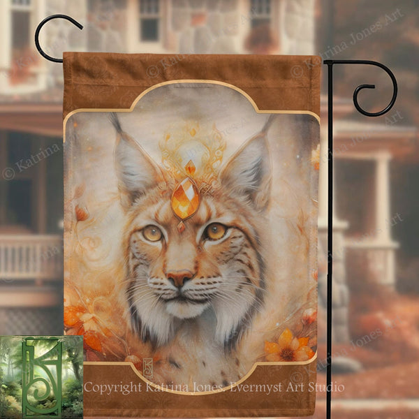 a close-up of a cat with a golden crown, surrounded by autumn leaves and flowers.