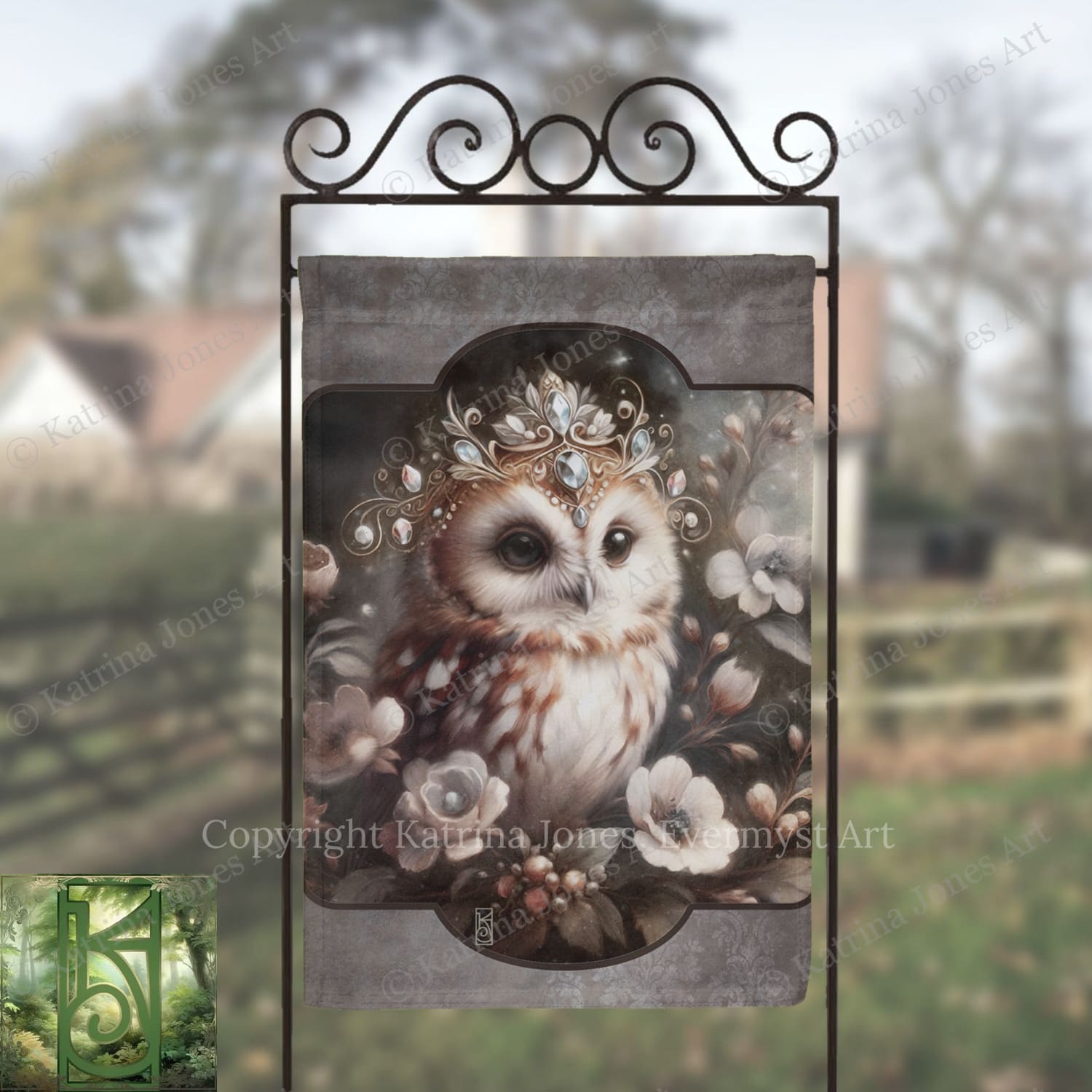a close-up of an owl wearing a crown of flowers, with a blurred background of trees and a house.