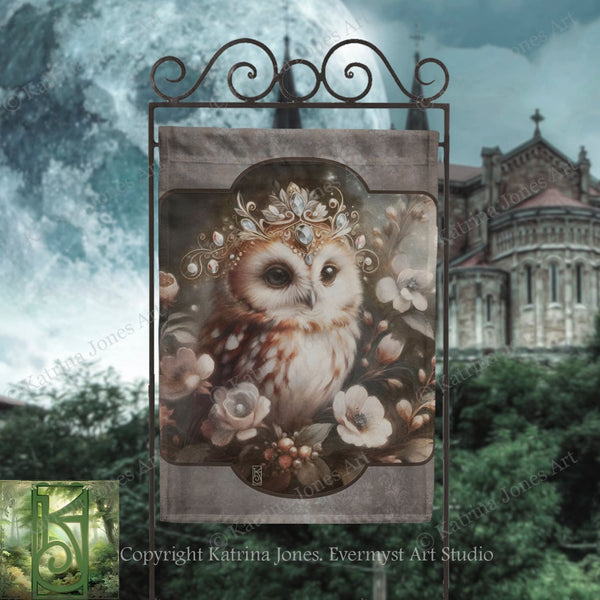 a banner with an owl wearing a crown and surrounded by flowers, set against a backdrop of a castle or cathedral.