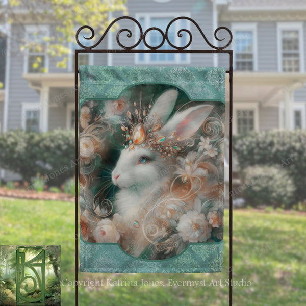 a large, ornate banner with a white rabbit wearing a crown and surrounded by flowers, placed in front of a house.