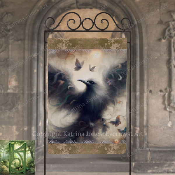 a large, detailed painting of a black bird with outstretched wings, surrounded by butterflies, set against a backdrop of a stone archway.