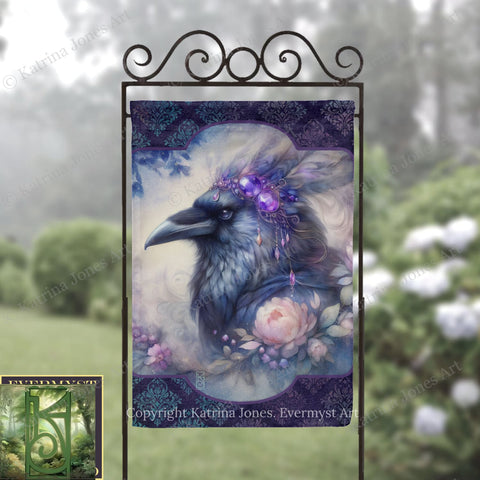 a large, detailed painting of a bird with a purple headdress and a pink flower on its chest, set against a background of blue and purple floral patterns.