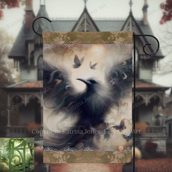 a black bird with a large, outstretched wing, surrounded by butterflies, set against a backdrop of a building with a gabled roof and decorative architectural elements.