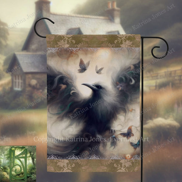 a large, black bird with outstretched wings, surrounded by butterflies, set against a blurred background of a house and trees.