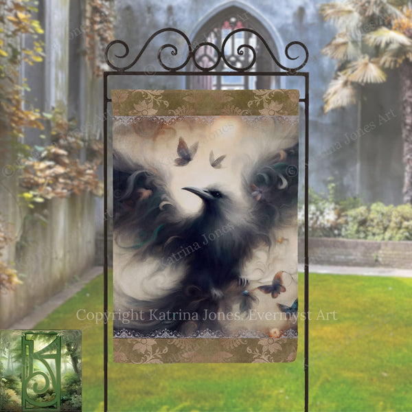 a large, ornate banner with a black bird in flight, surrounded by butterflies, set against a backdrop of a stone wall and a grassy area.