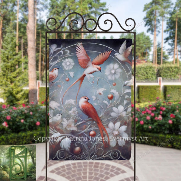 a decorative banner with a painting of birds in a garden setting.