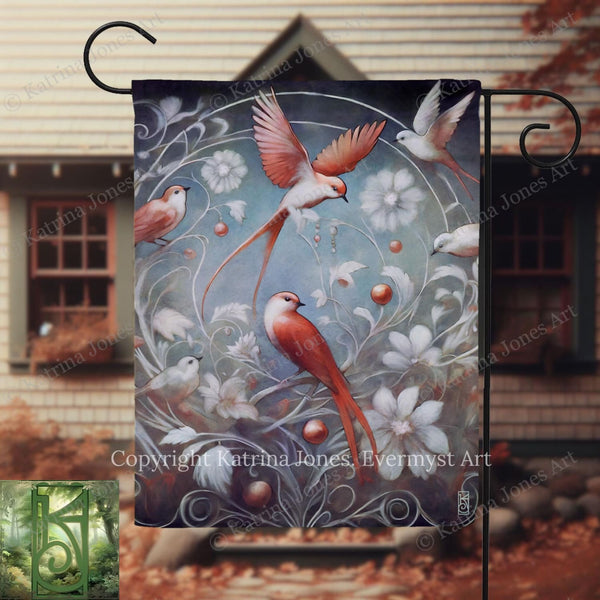 a vibrant and whimsical painting of several birds in flight, surrounded by flowers and foliage, set against a dark background.