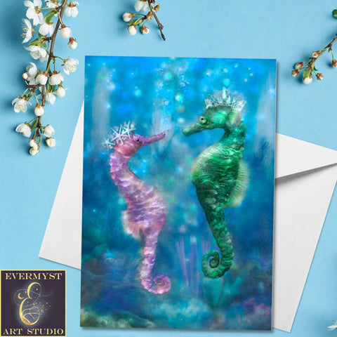 Enchanted Seahorses Greeting Card Fantasy Wedding Romantic Friend Blank Notecards