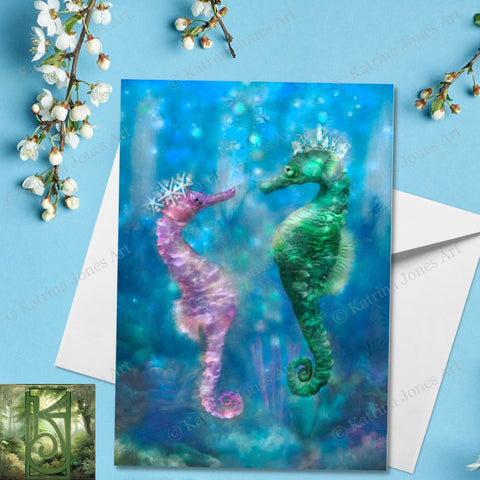 Enchanted Seahorses Greeting Card Fantasy Wedding Romantic Friend Blank Notecards