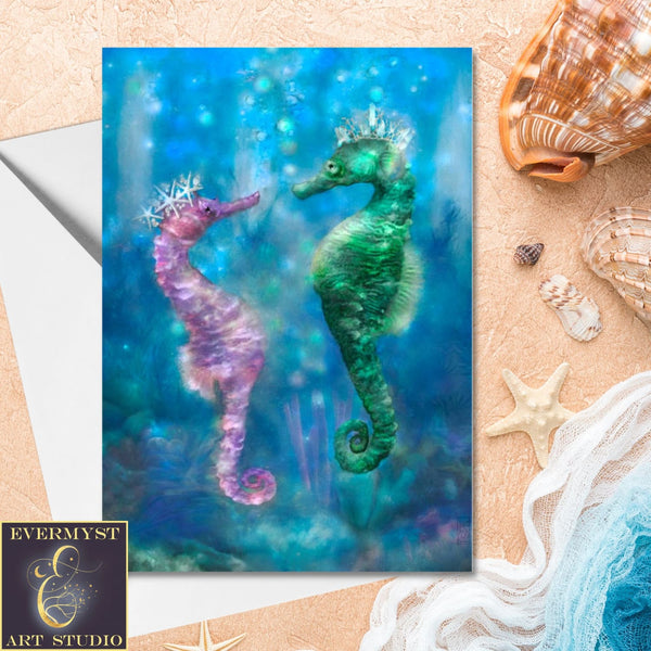 Enchanted Seahorses Greeting Card Fantasy Wedding Romantic Friend Blank Notecards