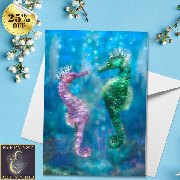 Enchanted Seahorses Greeting Card Fantasy Wedding Romantic Friend Blank Notecards