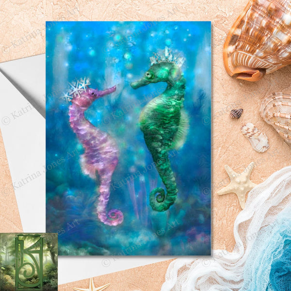 Enchanted Seahorses Greeting Card Fantasy Wedding Romantic Friend Blank Notecards
