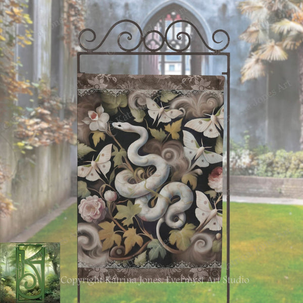 a garden scene with a decorative metal sculpture of a snake and butterflies.