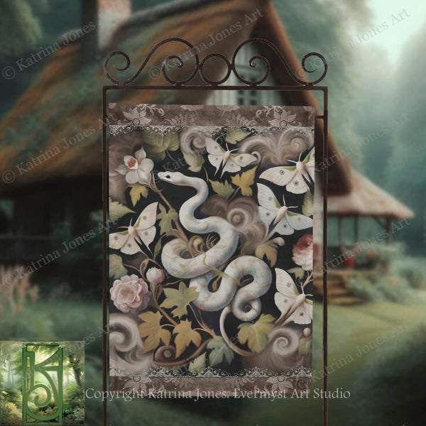 a decorative sign with a snake and butterflies, set against a lush, natural background.