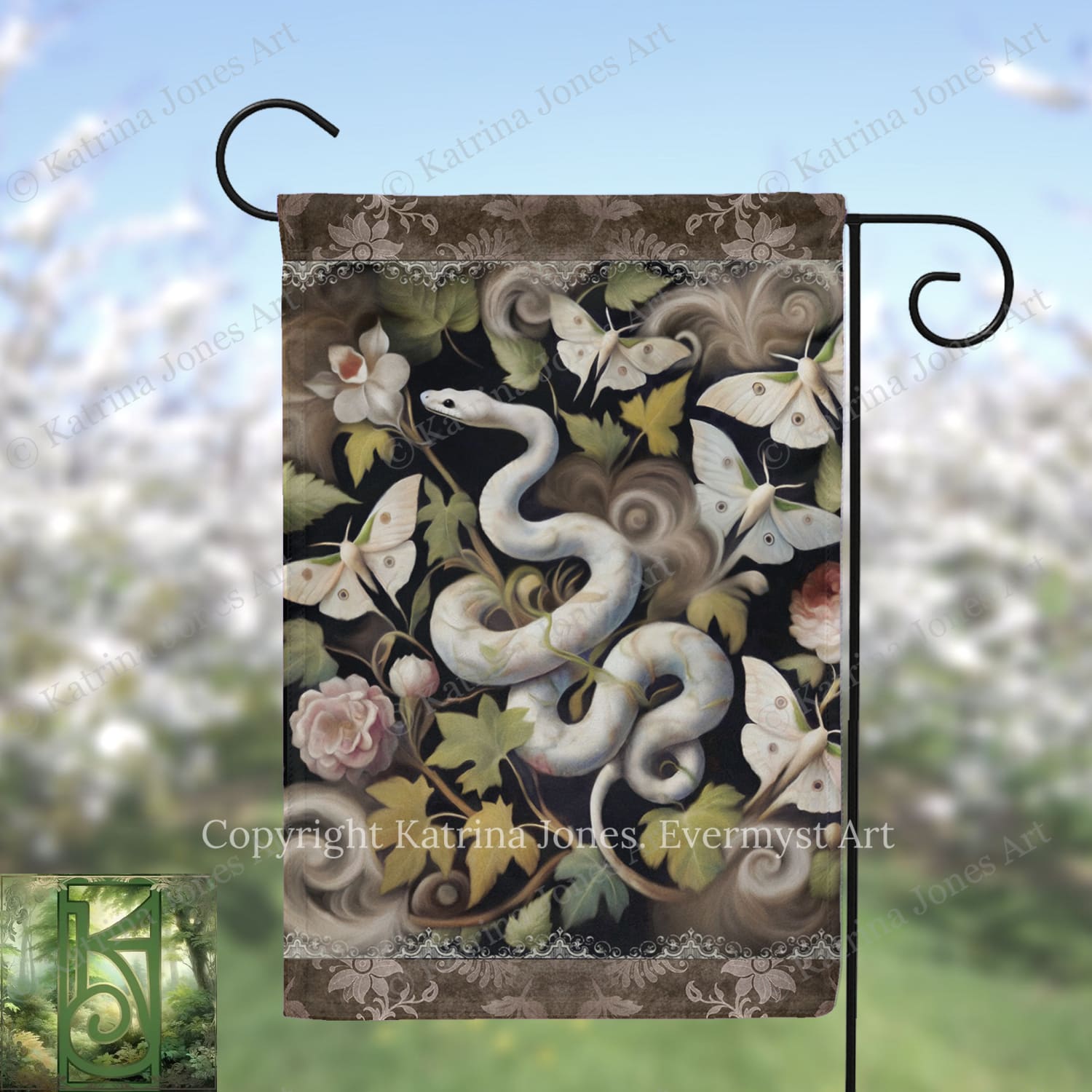 A decorative garden flag featuring a snake surrounded by various flowers, butterflies, and leaves.