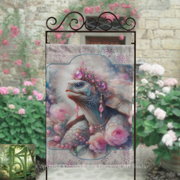 a decorative banner with a whimsical illustration of a turtle adorned with a crown of flowers, set against a backdrop of pink flowers and greenery.