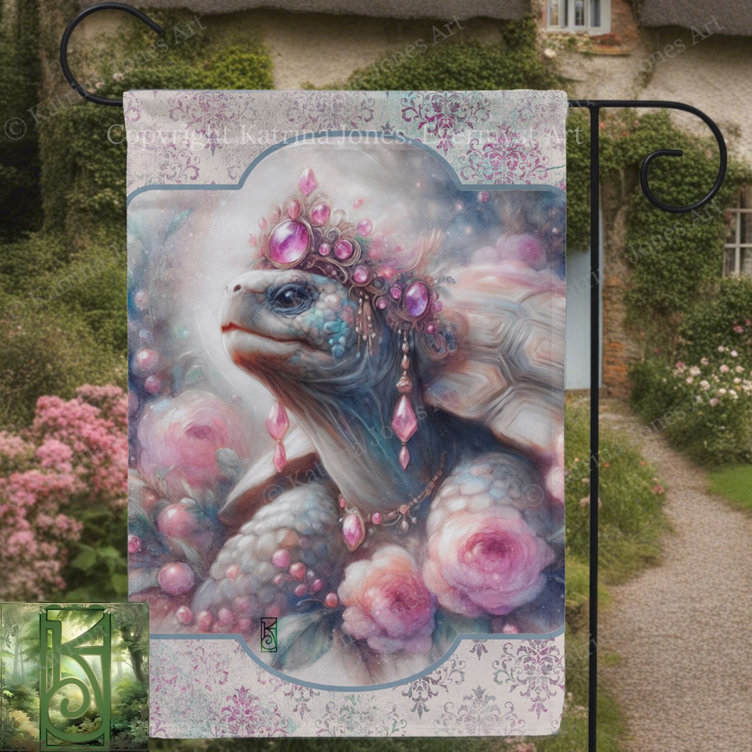 a large, detailed painting of a turtle with a crown of jewels and flowers adorning its head.