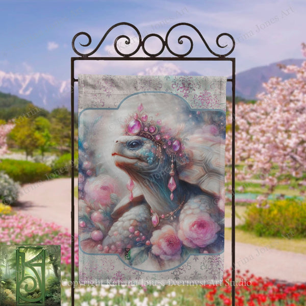 a garden scene with a large, colorful dragon-like creature adorned with flowers and jewels, standing in a field of blooming flowers.