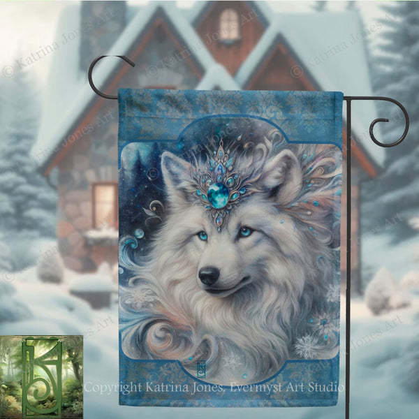 A detailed illustration of a wolf's face with a crown of jewels, set against a snowy winter landscape with a house in the background.