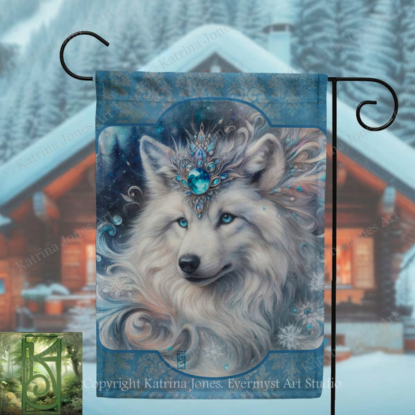 A banner featuring a close-up of a wolf's face with a crown-like headdress, set against a snowy winter landscape with a cabin in the background.