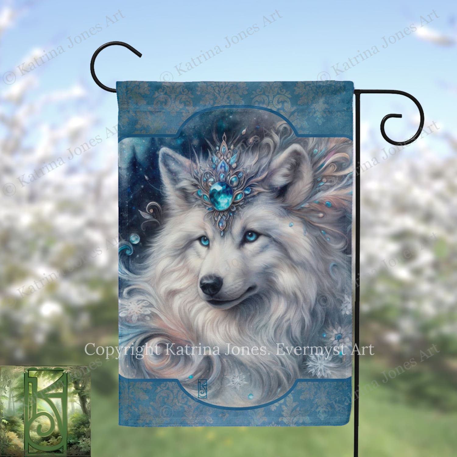 A flag featuring a close-up of a wolf's face with a crown of jewels, set against a blue background with a floral pattern.