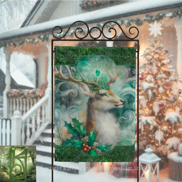 a large, detailed painting of a deer with a crown, set against a snowy background with a Christmas tree and a house visible in the background.