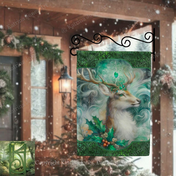 a deer with a green crown and antlers, surrounded by a snowy landscape with a wooden structure in the background.