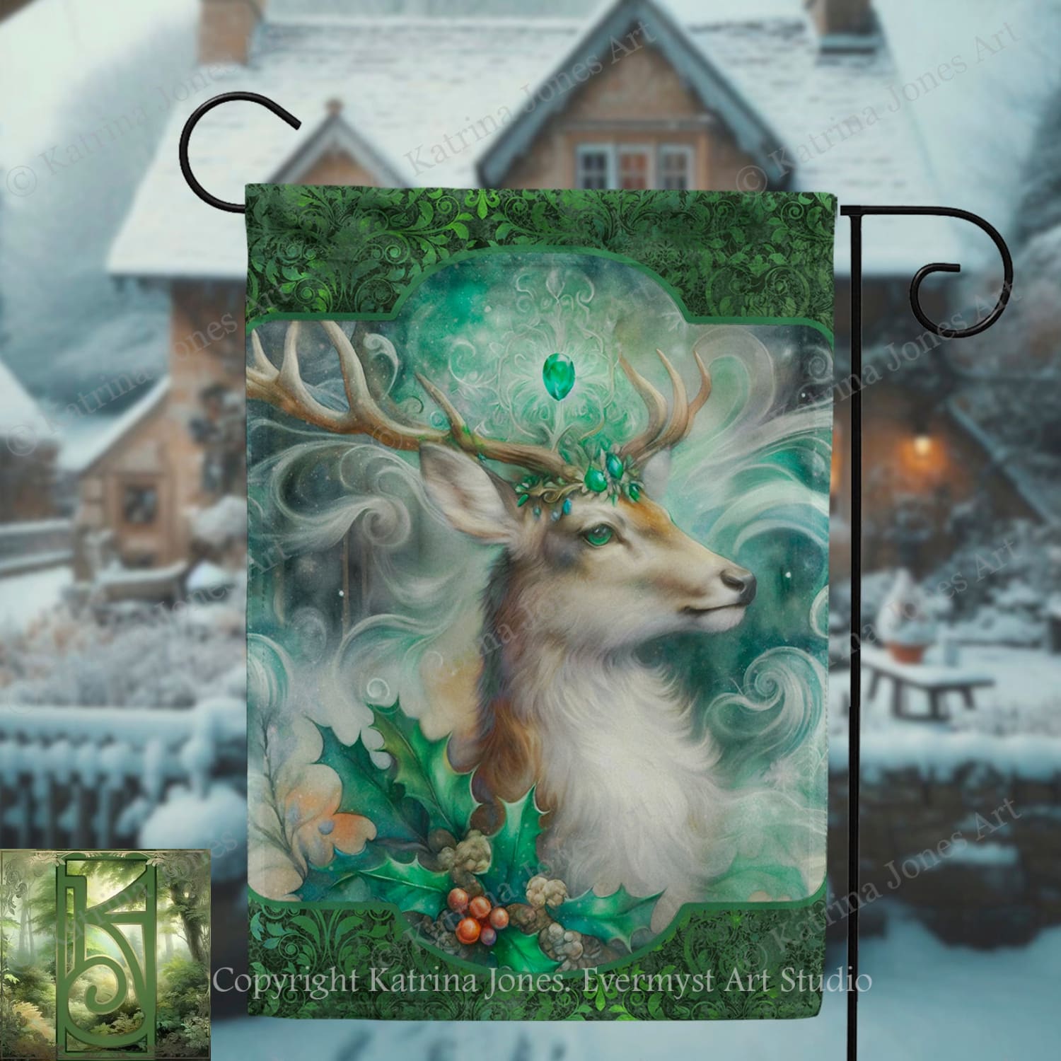 A vibrant and detailed illustration of a deer with antlers, adorned with a crown of leaves and berries, set against a snowy winter landscape with a quaint house in the background.