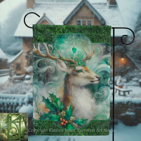 A vibrant and detailed illustration of a deer with antlers, adorned with a crown of leaves and berries, set against a snowy winter landscape with a quaint house in the background.