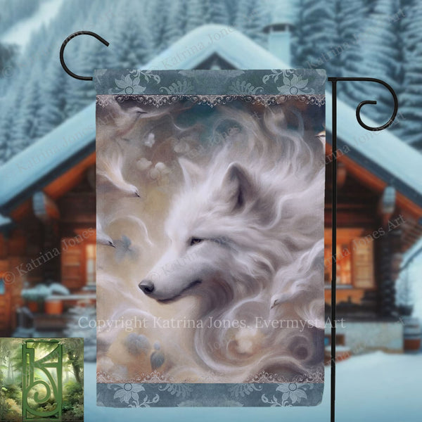 A digital art piece featuring a white wolf's face surrounded by swirling smoke or mist, set against a snowy landscape with a cabin in the background.