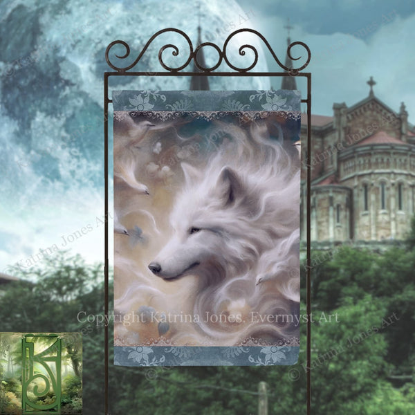 a large, white wolf with flowing, ethereal hair against a backdrop of a castle or cathedral.