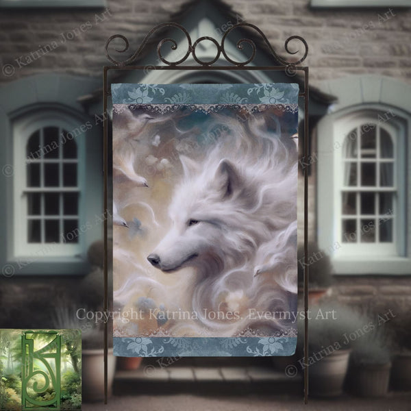 a large white wolf with flowing, ethereal hair, standing in front of a building with arched windows.