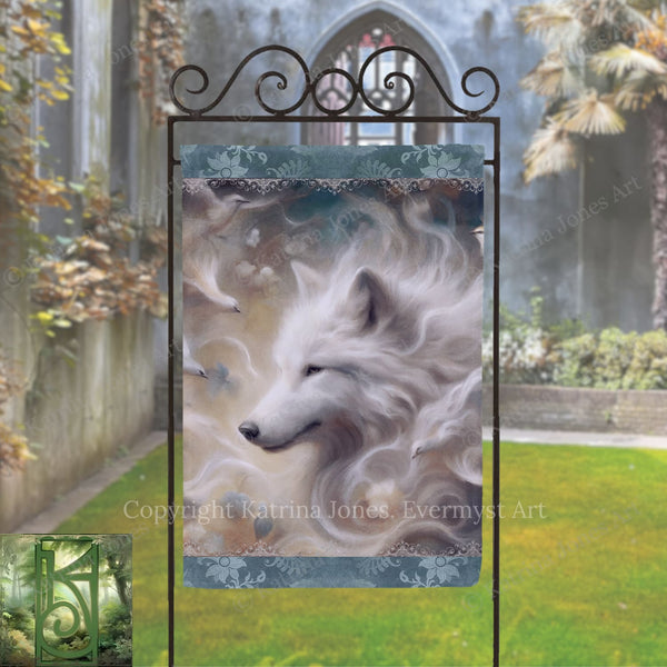 a large white wolf with flowing, wavy fur, set against a backdrop of a stone wall and lush greenery.