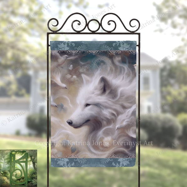 a large white wolf with flowing fur, surrounded by a flock of birds, set against a blurred background of trees and a house.