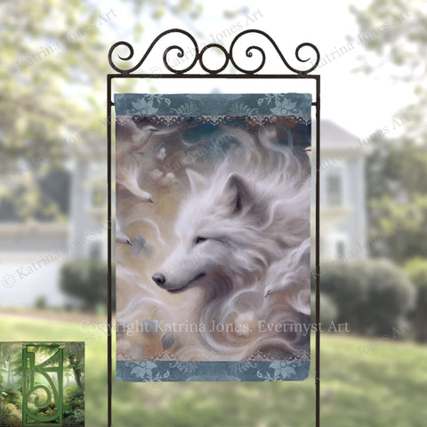 a large white wolf with flowing fur, surrounded by a flock of birds, set against a blurred background of trees and a house.