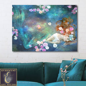 Extra Large Floral Mermaid Canvas Art Print, Mermaid Art Print, Feminine Art, Fantasy Decor, Mermaid Decor, Mermaid Painting