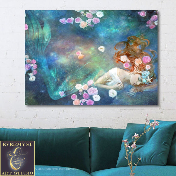 Extra Large Floral Mermaid Canvas Art Print, Mermaid Art Print, Feminine Art, Fantasy Decor, Mermaid Decor, Mermaid Painting