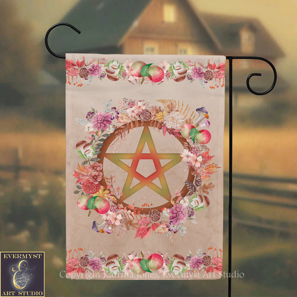 a banner with a large star design surrounded by a wreath of colorful flowers and fruits.