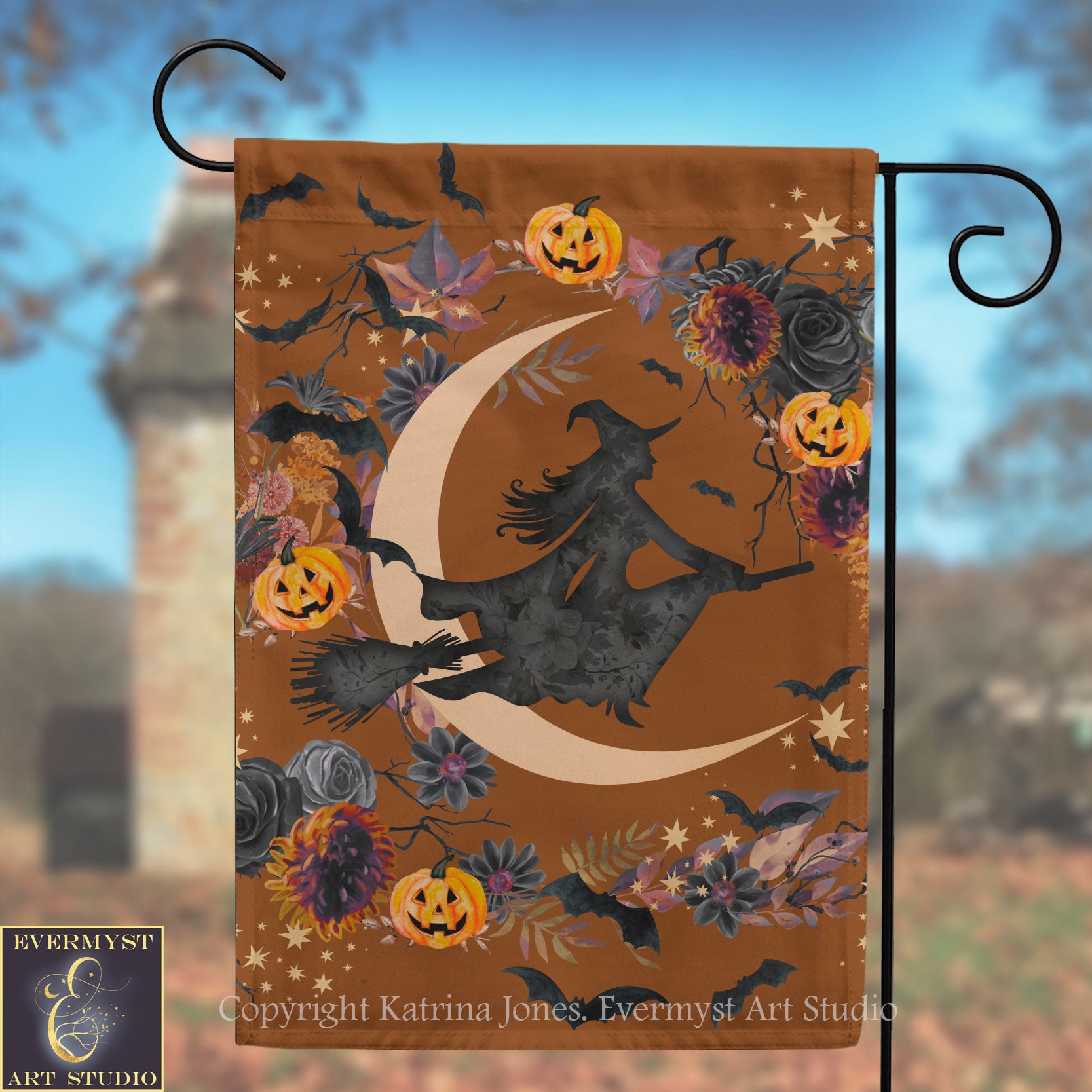 A Halloween-themed banner featuring a silhouetted witch on a broomstick flying over a crescent moon, surrounded by pumpkins, flowers, and bats.