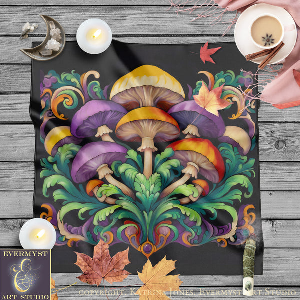 a vibrant and intricate artwork of mushrooms, leaves, and other natural elements, set against a dark background. The artwork is surrounded by various objects, including candles, a cup of coffee, and a crescent moon. The overall composition and the detailed design of the artwork suggest it is a piece of art, possibly a painting or a printed fabric.