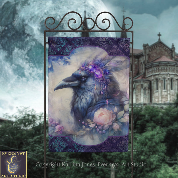 a large, ornate building with a castle-like appearance, set against a cloudy sky. In the foreground, there is a banner with a detailed illustration of a bird, possibly a raven, adorned with flowers and a crown.