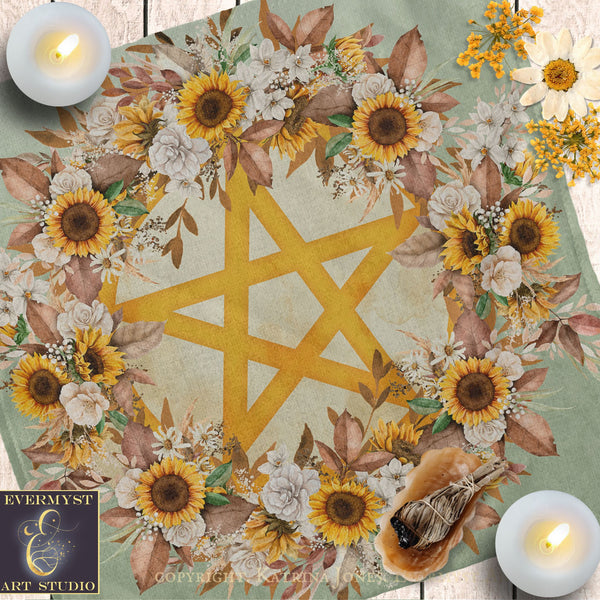 a vibrant floral arrangement with sunflowers, roses, and other flowers surrounding a large star-shaped design. The arrangement is set against a green background, creating a visually striking and harmonious composition.
