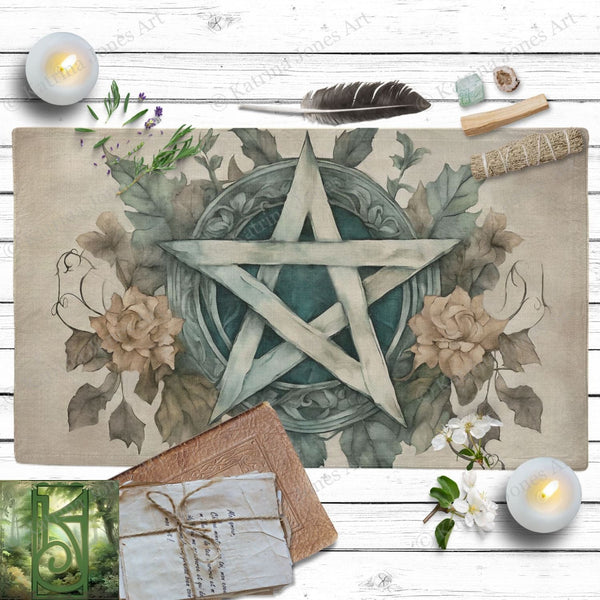 a picture of a pentagramil surrounded by flowers and candles