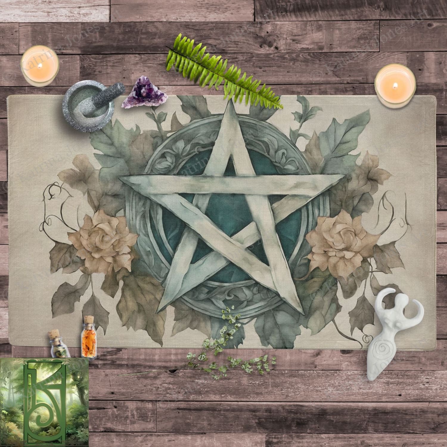 a placemat with a pentagram surrounded by flowers and candles