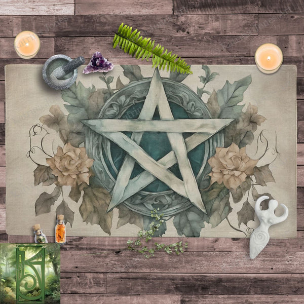 a placemat with a pentagram surrounded by flowers and candles