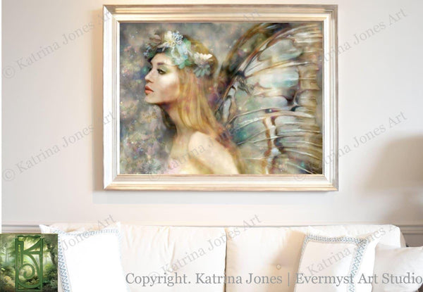 Realistic Fairy Wall Art Print - Teal Blue Flower Fantasy Painting